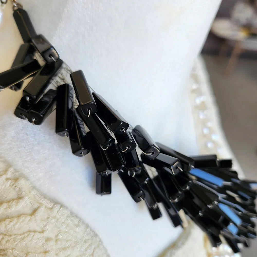 Beaded Black White Statement Necklace Bold Chunky Glam Elegant Office Siren - Picture 5 of 8